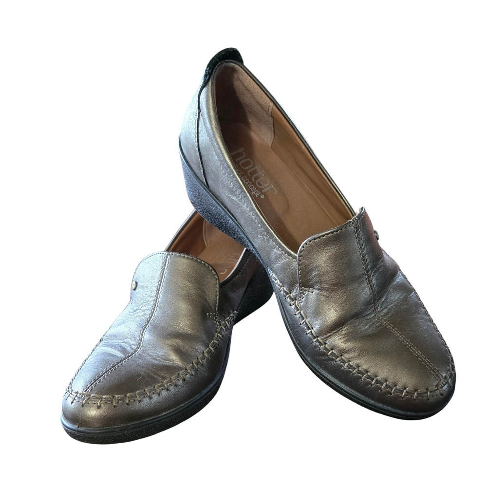 Hotter Comfort Concept Metallic Pewter Leather Wedge Loafers Womens 7.5US/5.5UK
